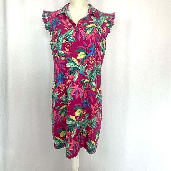 Chico’s Zenergy UPF Neema Floral Ruffle Dress Pink Tropical Dress Women’s M Acti - Picture 1 of 15